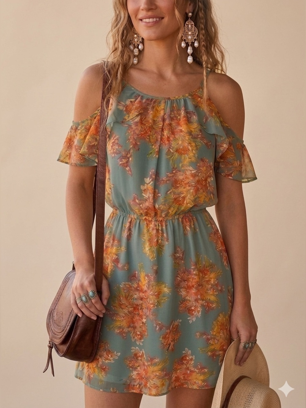 Blue Rain Green Floral Cold-Shoulder Mini Dress with‎ Yellow & Coral Accents